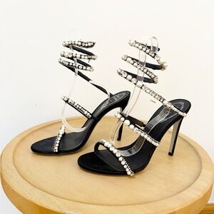 Rene Caovilla Aika Crystal Strass Pearl Ankle Wrap Heels